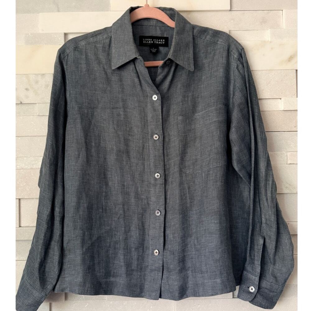 Linda Allard Ellen Tracy 100% Linen Boxy Deep Blue Button Front Shirt Top 6